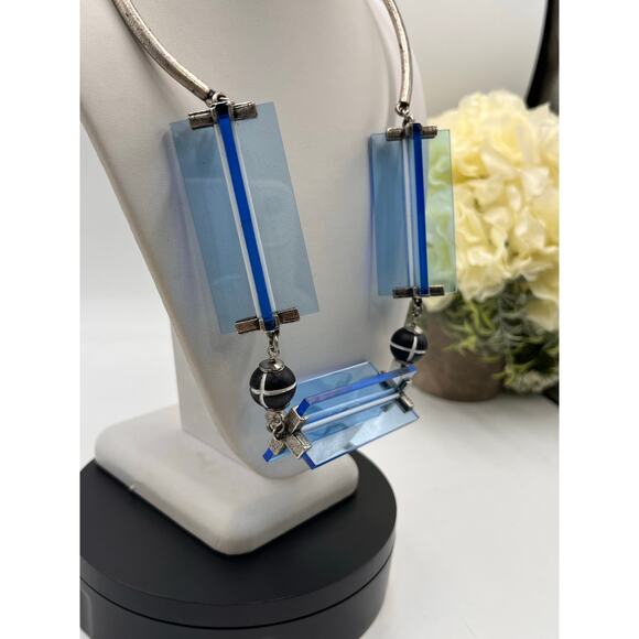 Lela Rose Resin Lucite Blue Antique Silver Tone Collar Statement Necklace - Picture 11 of 11